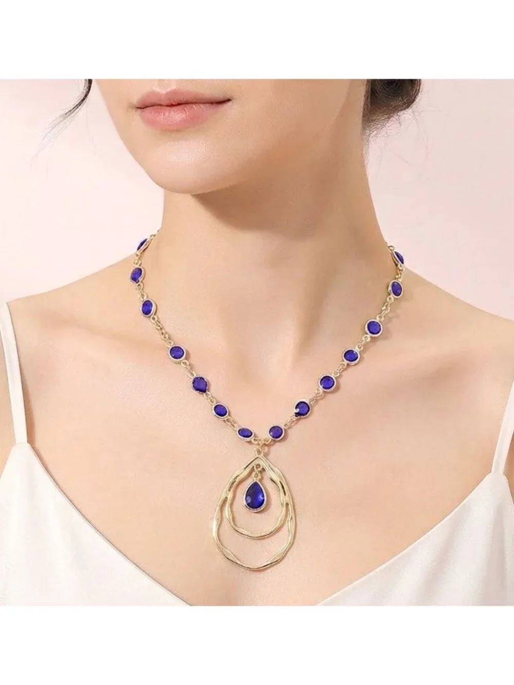 Tigerstars Blue Teardrop Hoop Pendant Faceted Round Stone Bezel Link Necklace